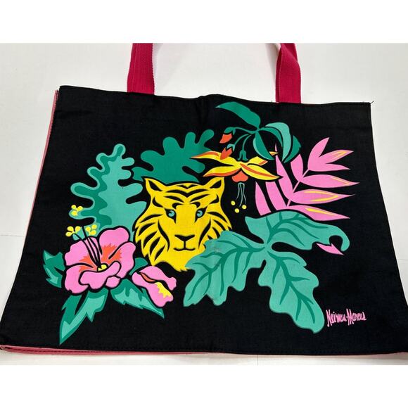 Vtg Neiman Marcus Tote Bag Canvas Logo Graphic Tropical Tiger Hibiscus Retro - Picture 1 of 6